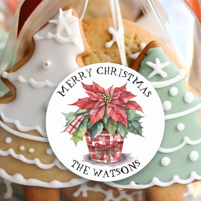 Christmas Watercolor Poinsettia Personalised Classic Round Sticker (Creator Uploaded)