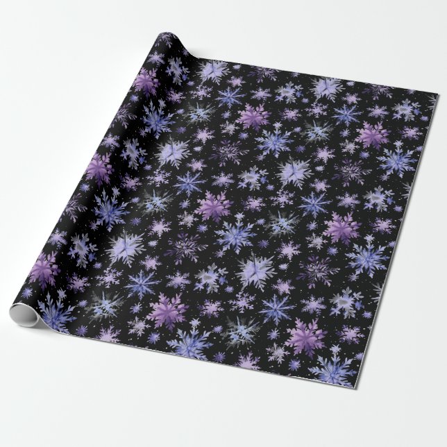 Christmas watercolor purple black snowflakes wrapping paper (Unrolled)