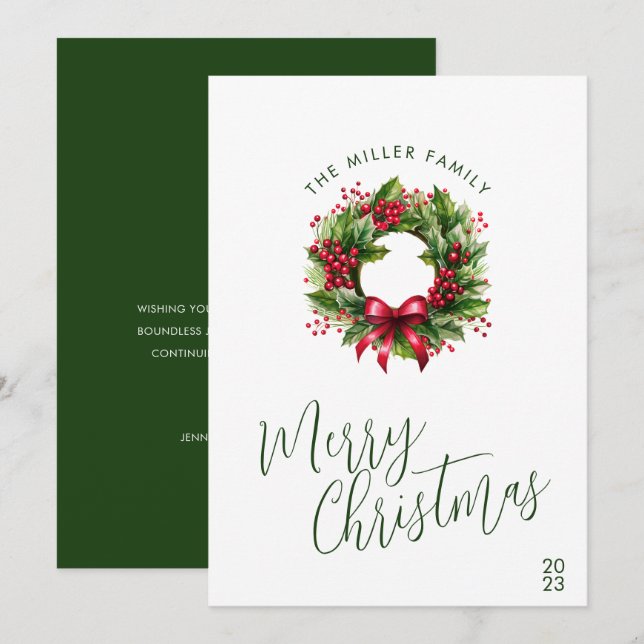 Christmas Watercolor red and green Wreath Holiday Card (Front/Back)