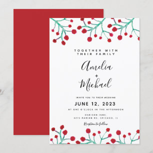 Christmas Watercolor Red Berry Botanical Wedding Invitation
