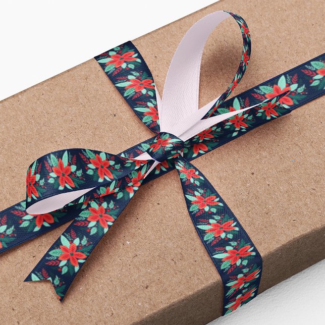 Christmas Watercolor Red Botanical Blue Holiday Satin Ribbon (Creator Uploaded)