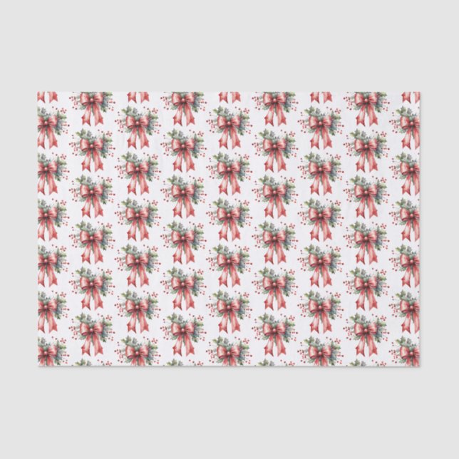 Christmas Watercolor Red Bow Holly Pattern Tissue Paper (Front)