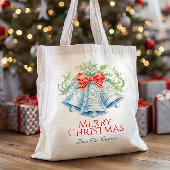 Christmas watercolor red bow silver bells custom tote bag (Creator Uploaded)