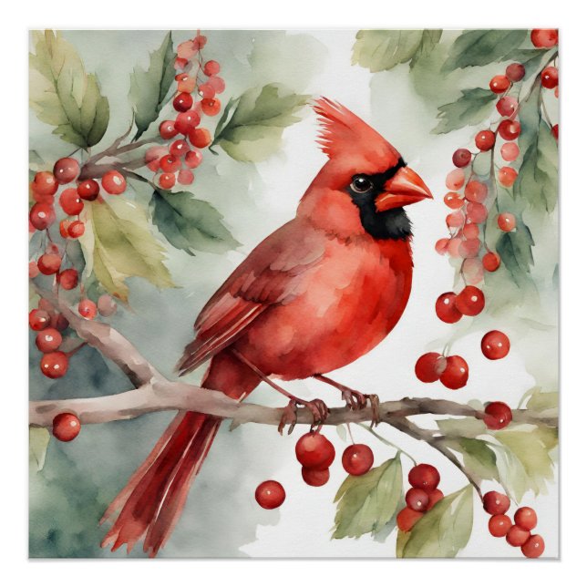 Christmas Watercolor Red Cardinal and Berries  Poster (Front)