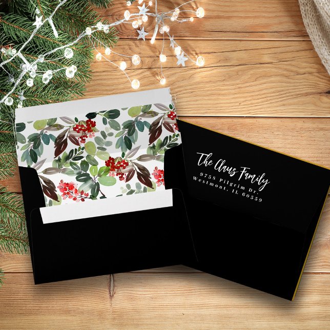 Christmas Watercolor Red Holly Berries Black Envelope (Creator Uploaded)