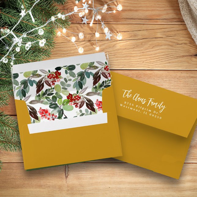 Christmas Watercolor Red Holly Berries Gold Envelope (Creator Uploaded)