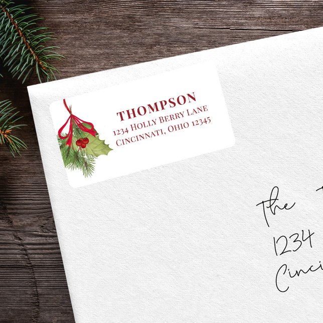 Christmas Watercolor Red Holly Berry Greenery  Label (Watercolor greenery and red holly berries botanical return address label. )