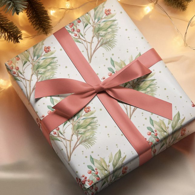 Christmas Watercolor Red Holly Greenery Wrapping Paper (With red holly berries and watercolor greenery. )