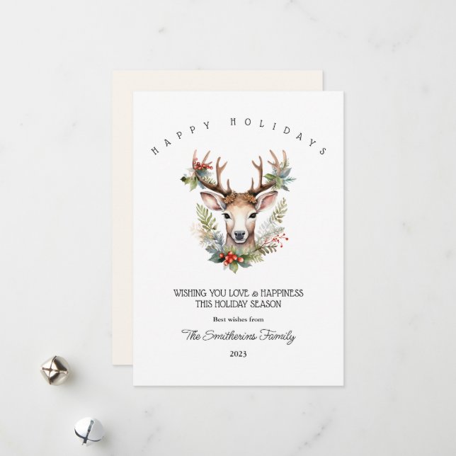 Christmas Watercolor Reindeer Flat Holiday Card (Front/Back In Situ)