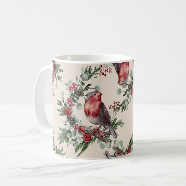 Christmas Watercolor Robin Birds Pattern Coffee Mug (Front Left)