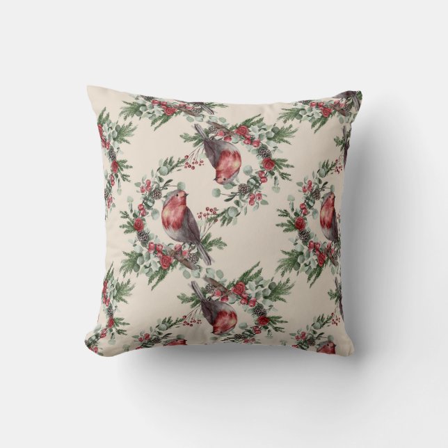 Christmas Watercolor Robin Birds Pattern Cushion (Front)
