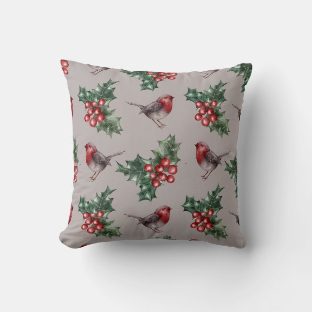Christmas Watercolor Robin Birds Pattern Cushion (Front)