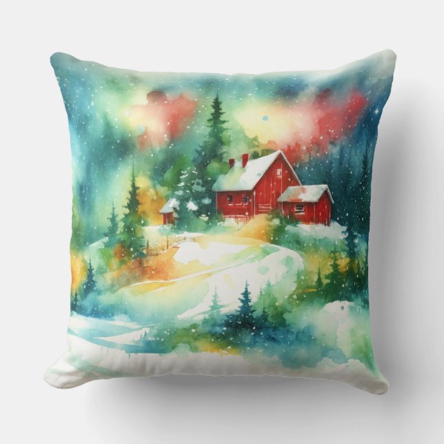 Christmas Watercolor Rural Winter Scene Cushion (Front)