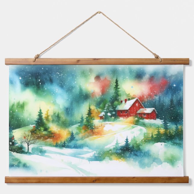 Christmas Watercolor Rural Winter Scene Hanging Tapestry (Front)