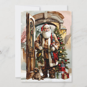 Christmas Watercolor Santa Claus with Dog Holiday Card