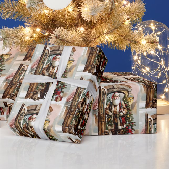 Christmas Watercolor Santa Claus with Puppy Wrapping Paper (Holidays)