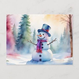 Christmas Watercolor Snowman and Winter Forest Holiday Postcard