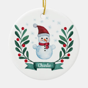 Christmas Watercolor Snowman Custom Ceramic Tree Decoration
