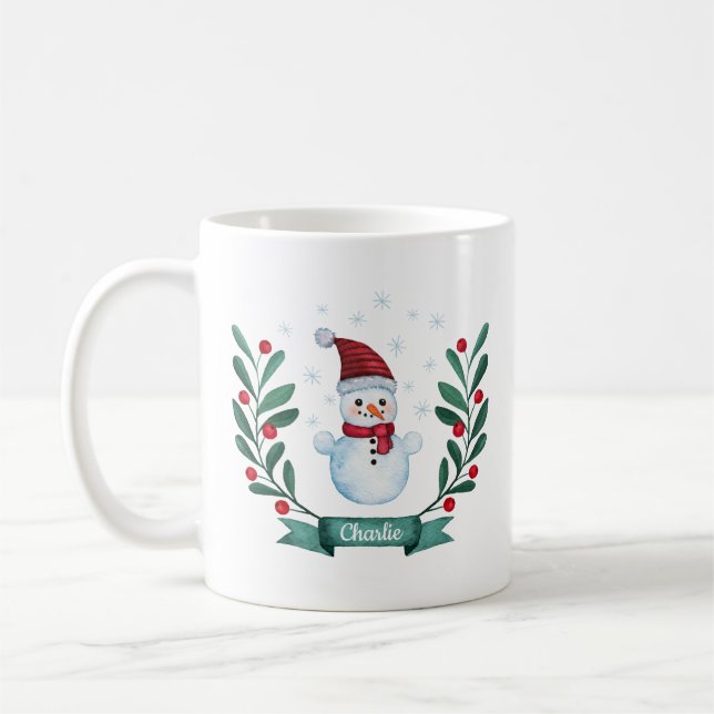 Christmas Watercolor Snowman Custom Coffee Mug (Left)