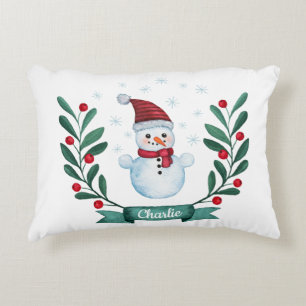 Christmas Watercolor Snowman Custom Decorative Cushion