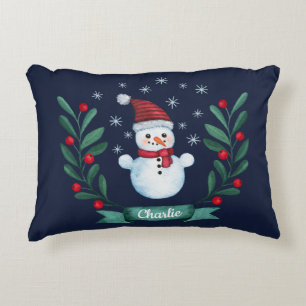 Christmas Watercolor Snowman Custom Navy Blue Decorative Cushion
