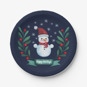 Christmas Watercolor Snowman Custom Navy Blue Paper Plate
