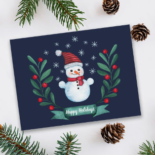 Christmas Watercolor Snowman Custom Navy Blue Postcard