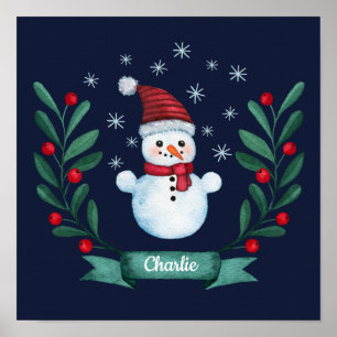 Christmas Watercolor Snowman Custom Navy Blue Poster