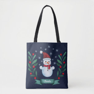 Christmas Watercolor Snowman Custom Navy Blue Tote Bag