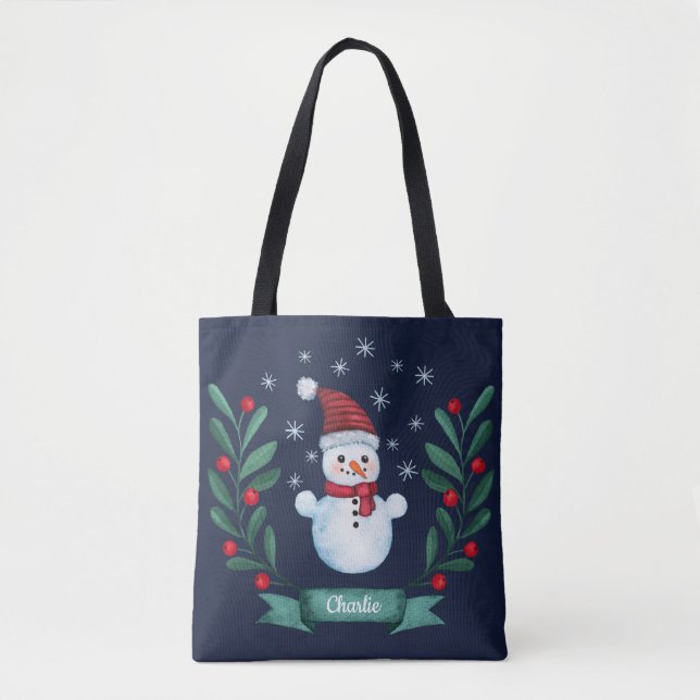 Christmas Watercolor Snowman Custom Navy Blue Tote Bag (Front)