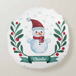 Christmas Watercolor Snowman Custom Round Cushion