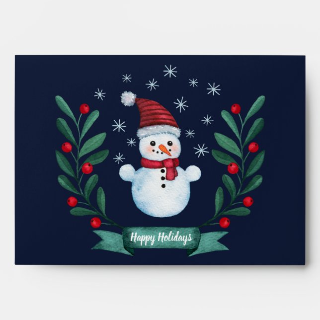 Christmas Watercolor Snowman Navy Blue Custom Envelope (Front)