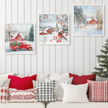 Christmas Watercolor Snowy Winter Scene Red Houses