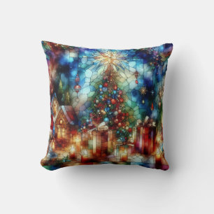 Christmas Watercolor Stained Glass Throw Pillow