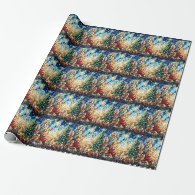 Christmas Watercolor Stained Glass Wrapping Paper (Unrolled)