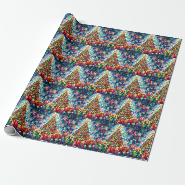Christmas Watercolor Stained Glass Wrapping Paper (Unrolled)