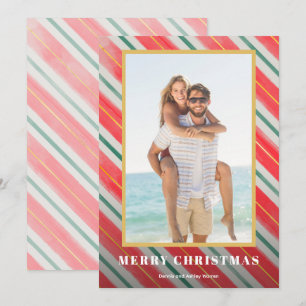 Christmas Watercolor Stripes Photo Holiday Card