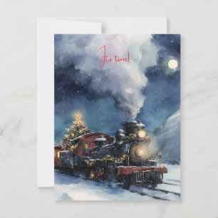Christmas watercolor train in snowy landscape postcard