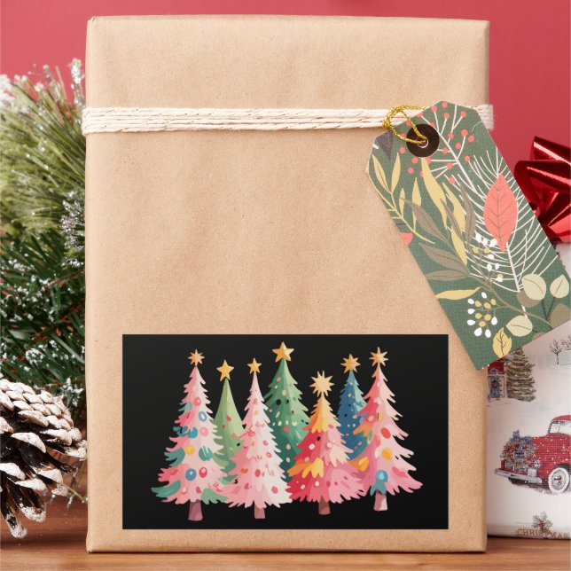 Christmas Watercolor Trees Cute Xmas Pink Rectangular Sticker (Holiday)