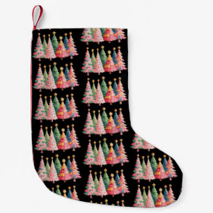 Christmas Watercolor Trees Cute Xmas Pink Small Christmas Stocking