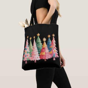 Christmas Watercolor Trees Cute Xmas Pink Tote Bag