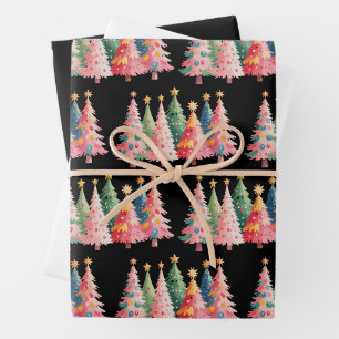 Christmas Watercolor Trees Cute Xmas Pink Wrapping Paper Sheet