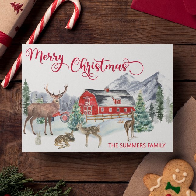 Christmas Watercolor Winter Barn Woodland Deer Holiday Card (Creator Uploaded)