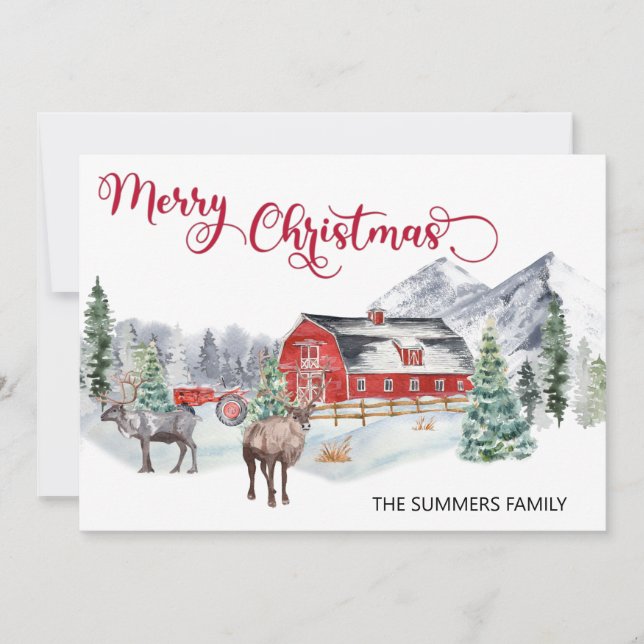 Christmas Watercolor Winter Barn Woodland Reindeer Holiday Card (Front)