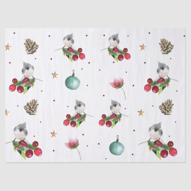 Christmas Watercolor Winter Bird Pattern Tissue Paper (Front)