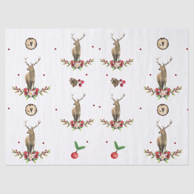 Christmas Watercolor Winter Deer Pattern Tissue Paper (Front)