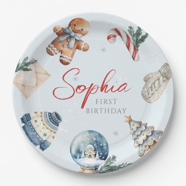 Christmas Watercolor Winter First Birthday Party Paper Plate (Front)