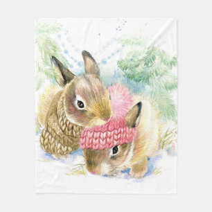 Christmas   Watercolor - Winter Forest Bunnies Fleece Blanket