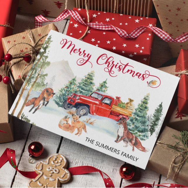 Christmas Watercolor Winter Fox Family Red Truck Holiday Card (Creator Uploaded)