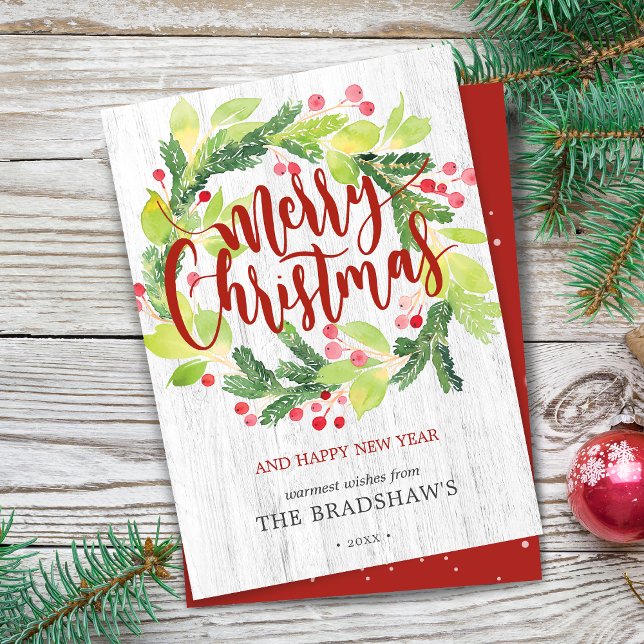 Christmas Watercolor Winter Greenery Berry Wreath Holiday Card (Rustic Christmas Watercolor Winter Greenery Berry Wreath Holiday Card)